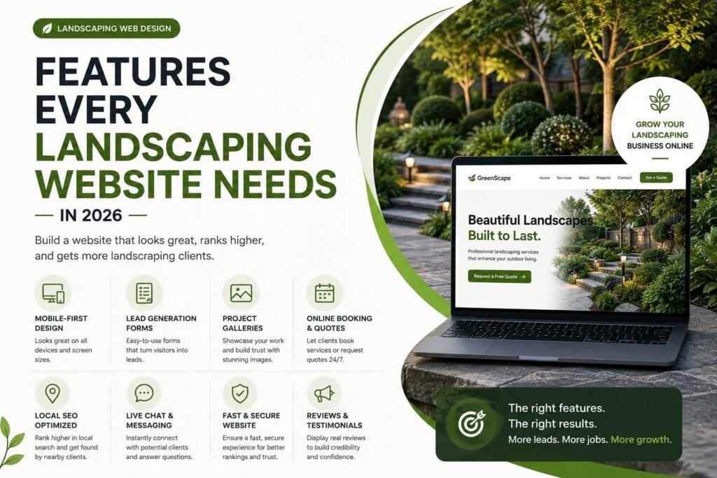 Essential features every landscaping website needs in 2026 including mobile design lead forms project galleries online booking and local SEO - Naxified