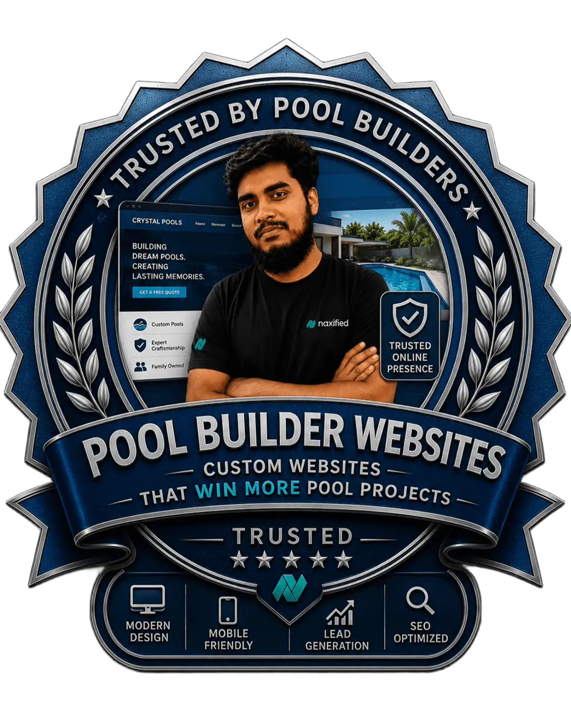 Naxified pool builder websites badge showing trusted by pool builders seal custom websites that win more pool projects with modern design mobile friendly lead generation and SEO optimized