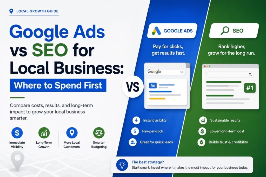 Guide comparing Google Ads vs SEO for local business growth showing costs benefits and best strategy for more local customers - Naxified